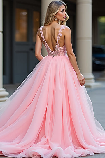 Paillettes Fard à joues rose A-ligne profond V Tulle Appliques Robe longue de bal avec fente